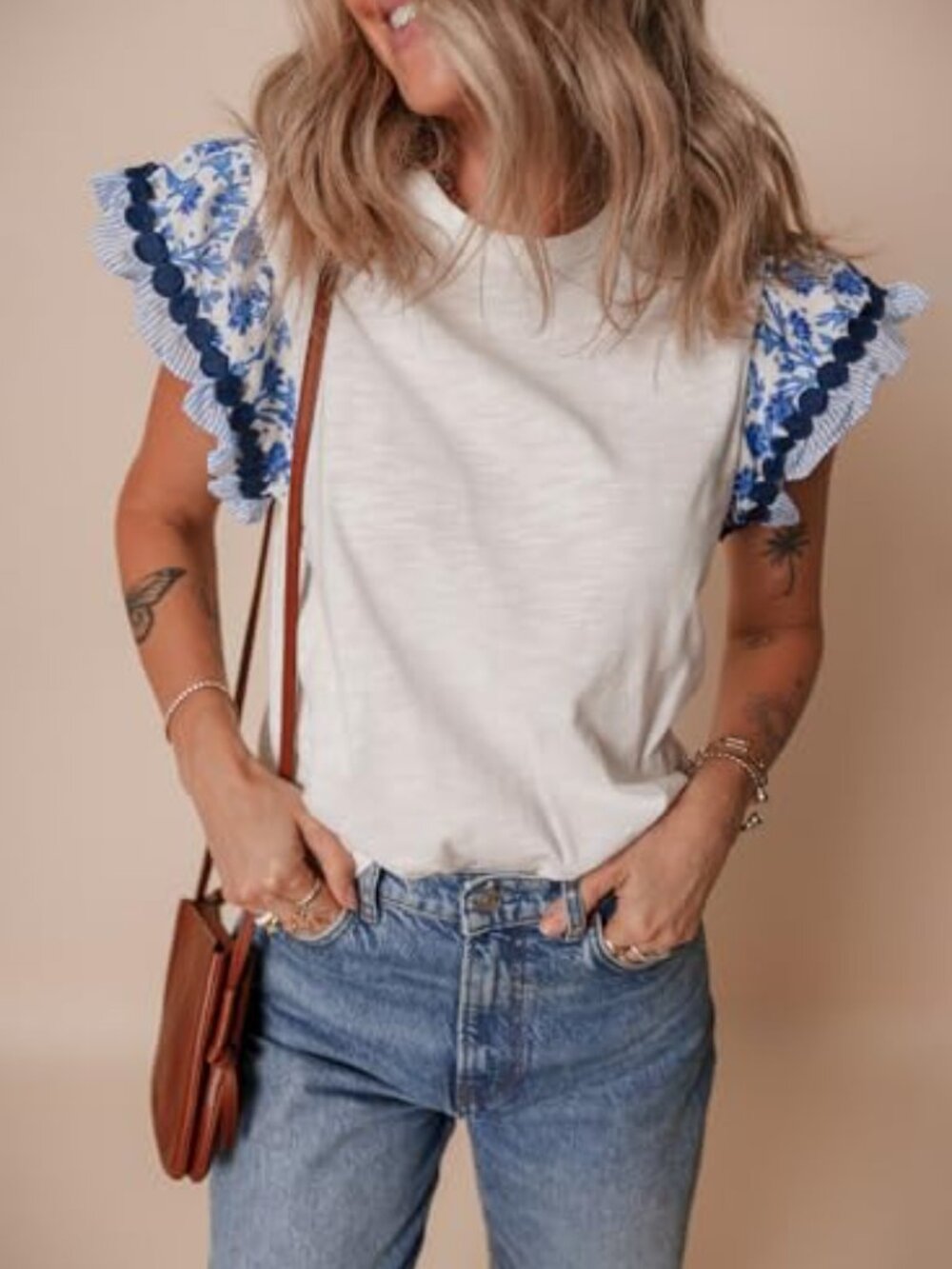Womens Summer Ruffle Short Sleeve Top Crewneck T Shirts Boho Floral Trim Casual